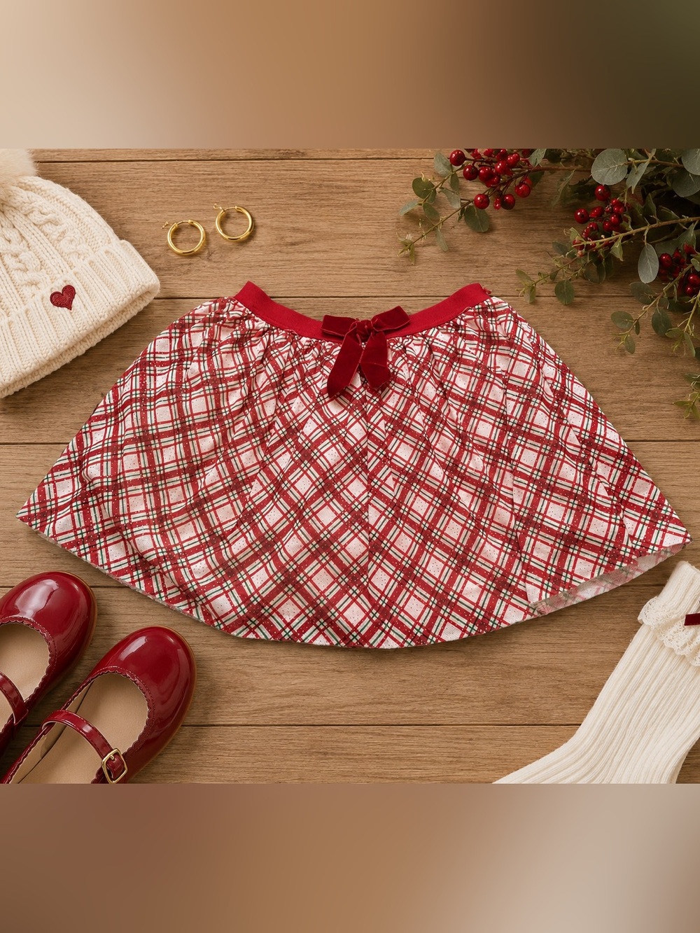 Sweet Wink Girls Christmas Plaid Twirl Skirt Velvet Bow 8/10